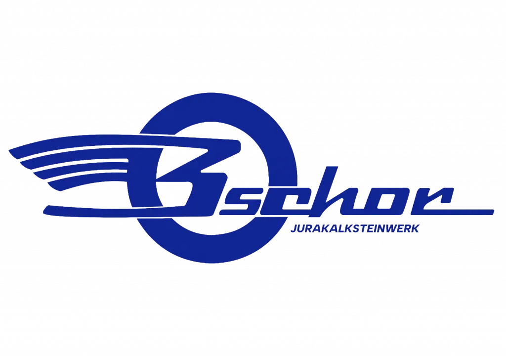 Bschor GmbH: Logo mit einem stilisierten blauen B und "schor" in Kursivschrift, darunter das Wort "JURAKALKSTEINWERK" und eine blaue Kreisform im Hintergrund.