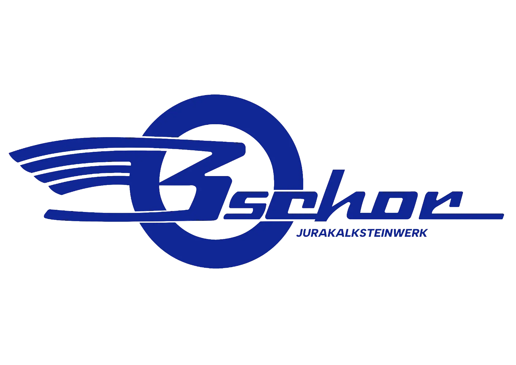 Bschor GmbH: Logo mit einem stilisierten blauen B und "schor" in Kursivschrift, darunter das Wort "JURAKALKSTEINWERK" und eine blaue Kreisform im Hintergrund.